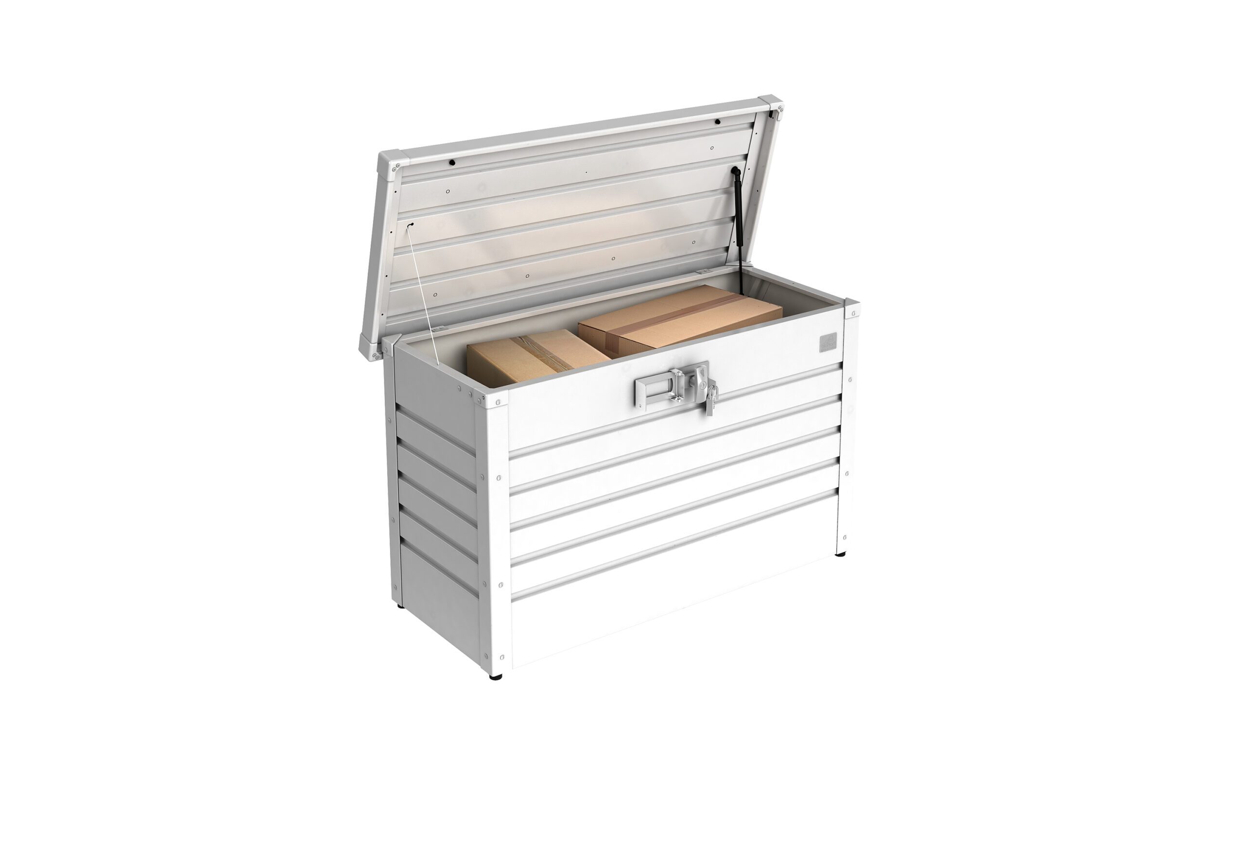 Kleine Gartenbox in weiss mit geöffnetem Deckel und verstauten Paketen