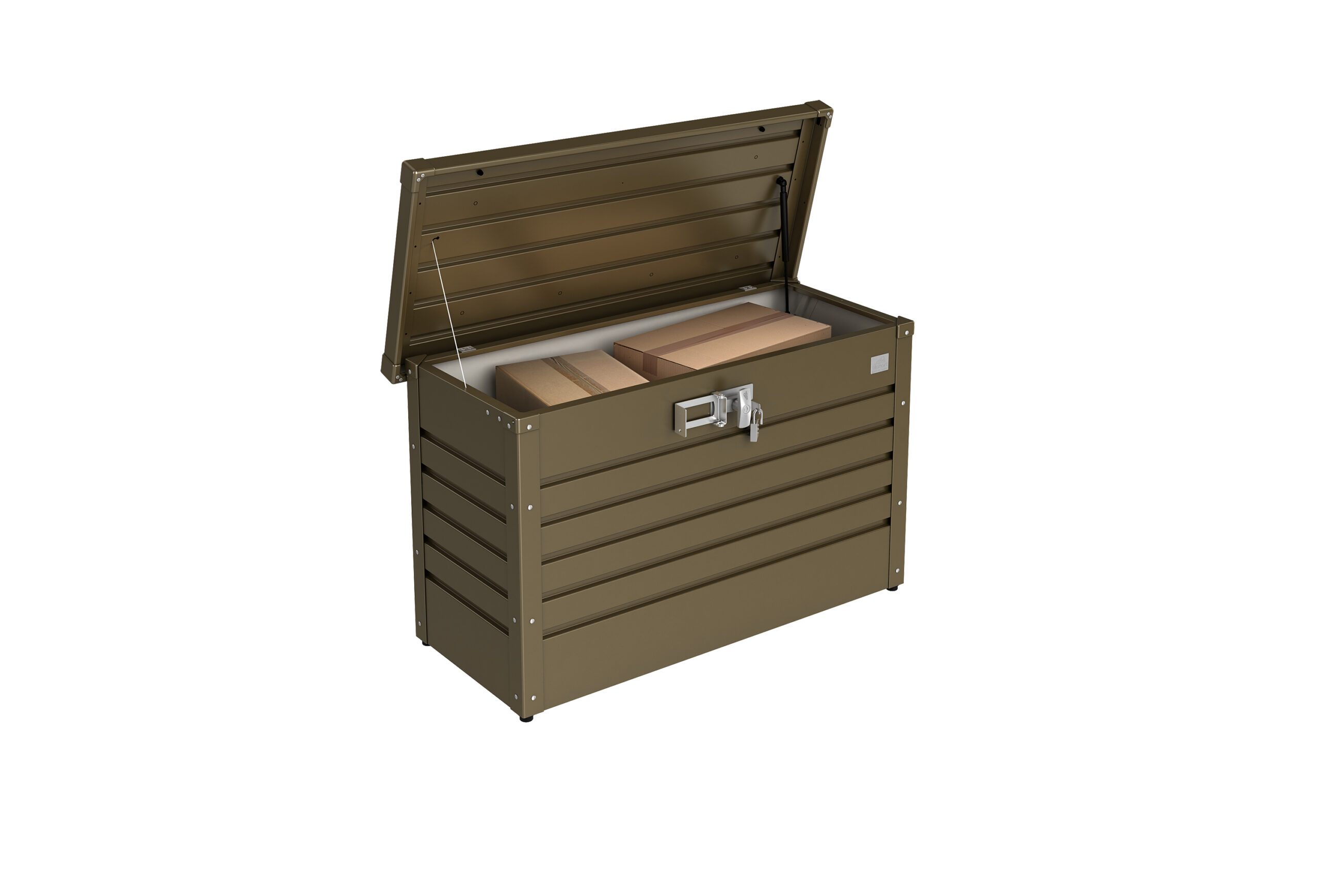 Kleine Gartenbox in Bronze mit geöffnetem Deckel und verstauten Paketen