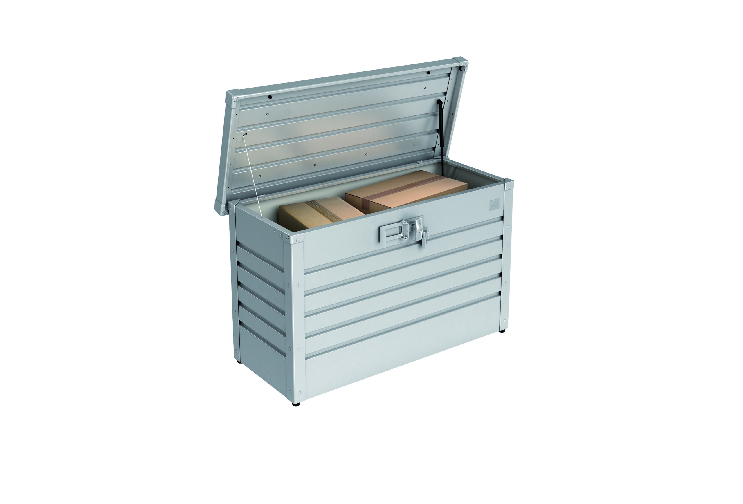 Kleine Gartenbox in Quarzgrau mit geöffnetem Deckel und verstauten Paketen