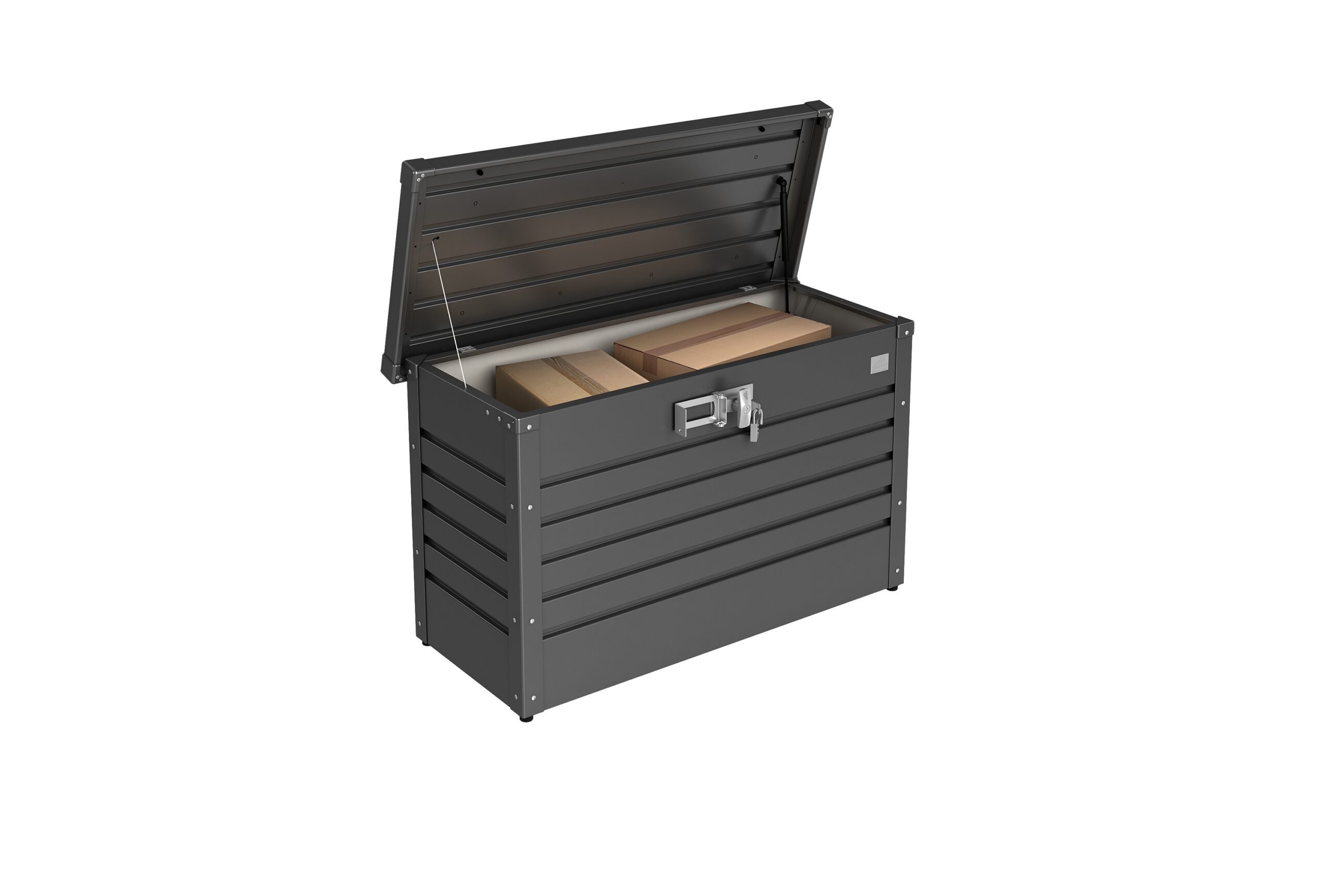 Kleine Gartenbox in Dunkelgrau mit geöffnetem Deckel und verstauten Paketen
