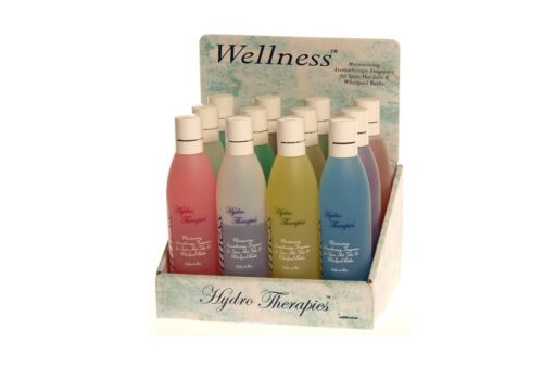 Wellness Hydro Therapie in einer Box stehend. Auf weissem Hintergrund abgebildet. Verschiedene Farben der Flaschen