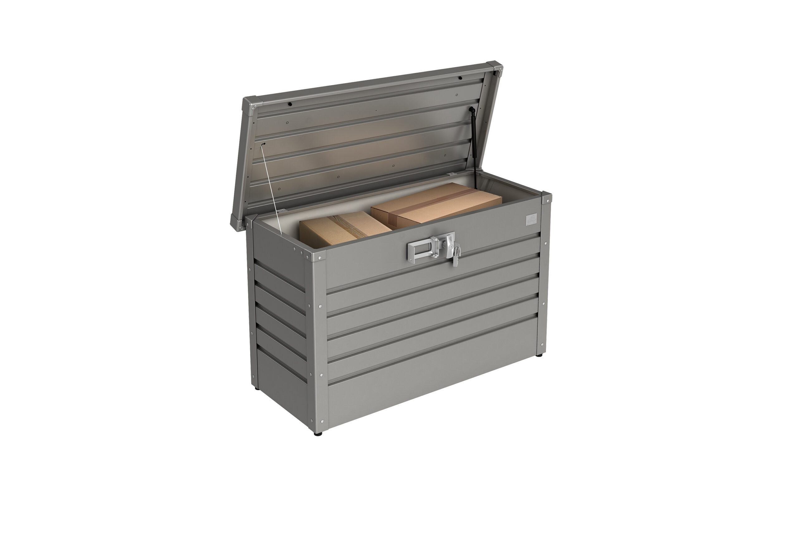 Kleine Gartenbox in Quarzgrau mit geöffnetem Deckel und verstauten Paketen