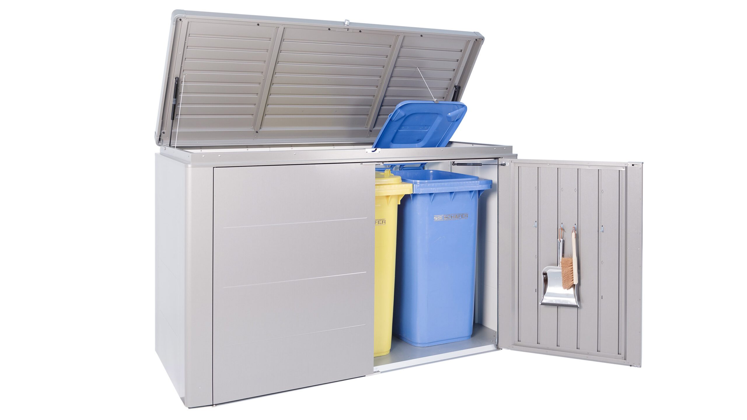 HighBoard_200_quarzgrau_Anwendungsbeispiel_4 quarzgraue geöffnete Gartenbox mit blauer und gelber Mülltonne