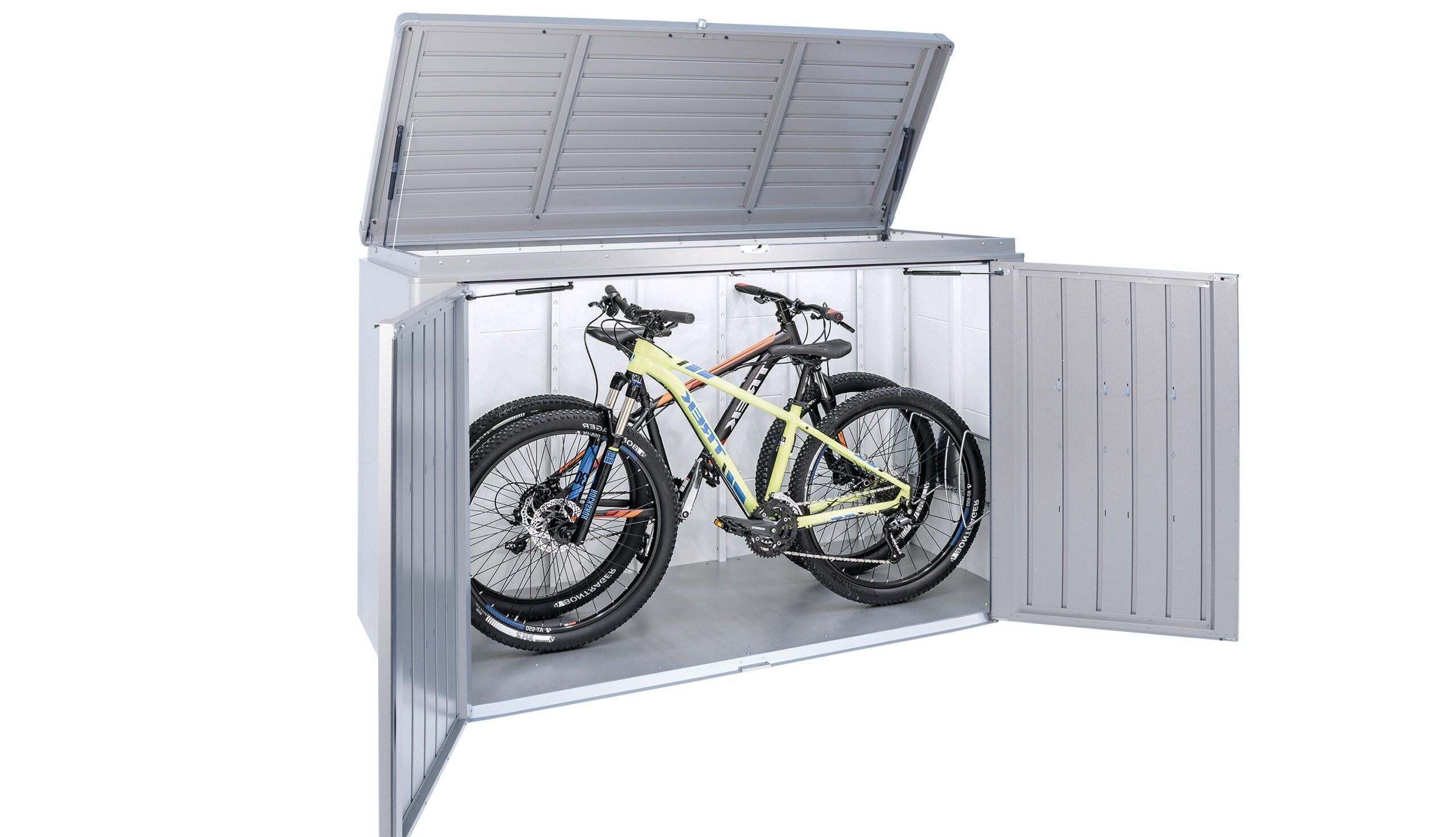 HighBoard_200_quarzgrau_Anwendungsbeispiel_5 geöffnete quarzgraue Gartenbox als Velogarage mit zwei verstauten Velos.