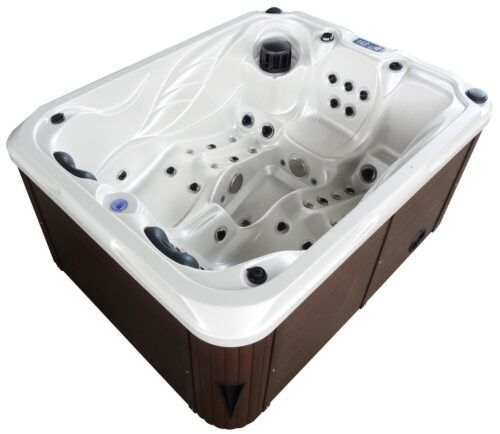 AquaSpring Massage Hot Tub. A dark brown hardshell hot tub with a light interior and three seating spaces.