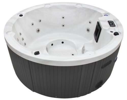 Round AquaSpring Hot Tub. A round whirlpool in a gray wooden look with a bright tub.