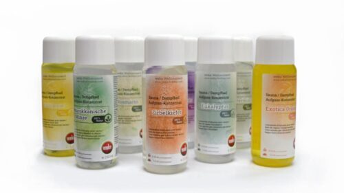 Infusion concentrate in different colours with white lids.