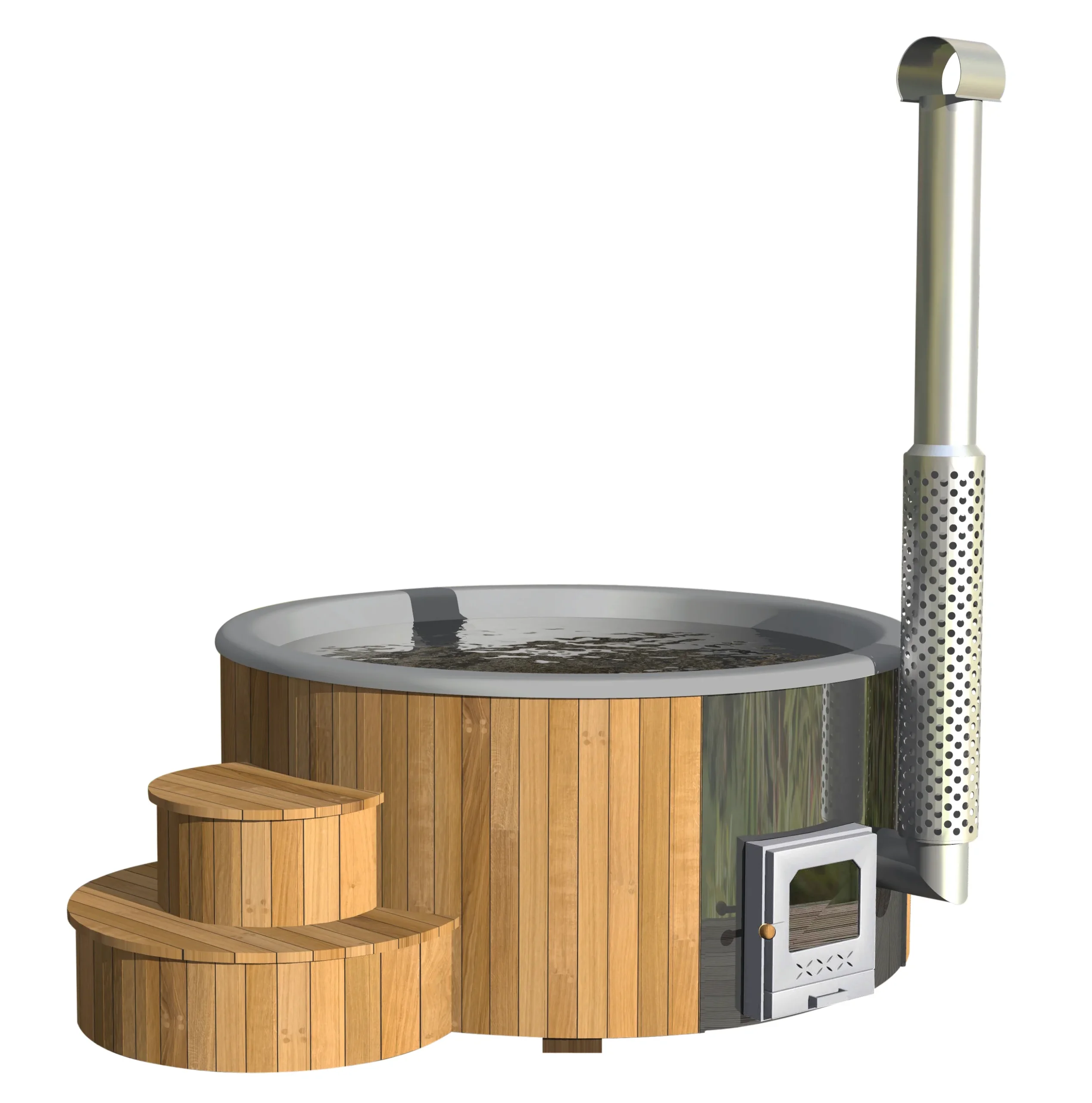 Hot Pot mit Treppeneinstieg auf einer Terrasse aus Holz in einem grossen Garten.