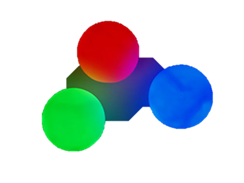 Floating Lights. Eine rote, grüne und blaue Kugel auf einem weissen Hintergrund