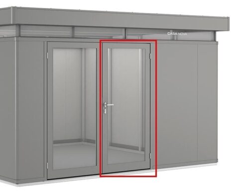 Biohort Glass Panel CasaNova Softub Switzerland. The extra glass panels are marked in red on a picture of the outbuilding CasaNova.