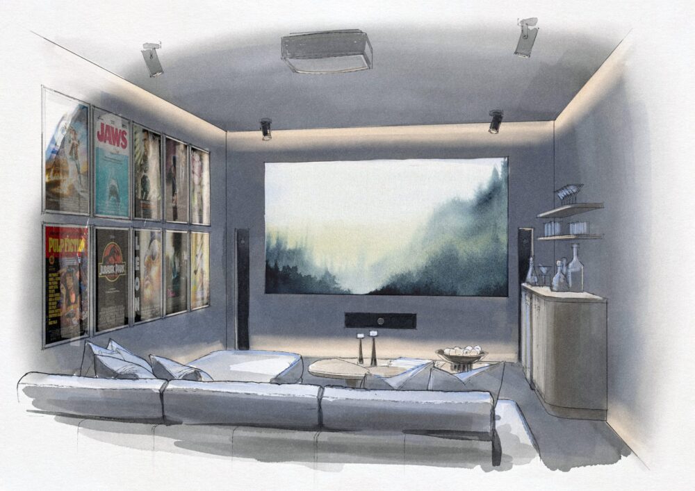 Heimkino Skizze mit Sofa