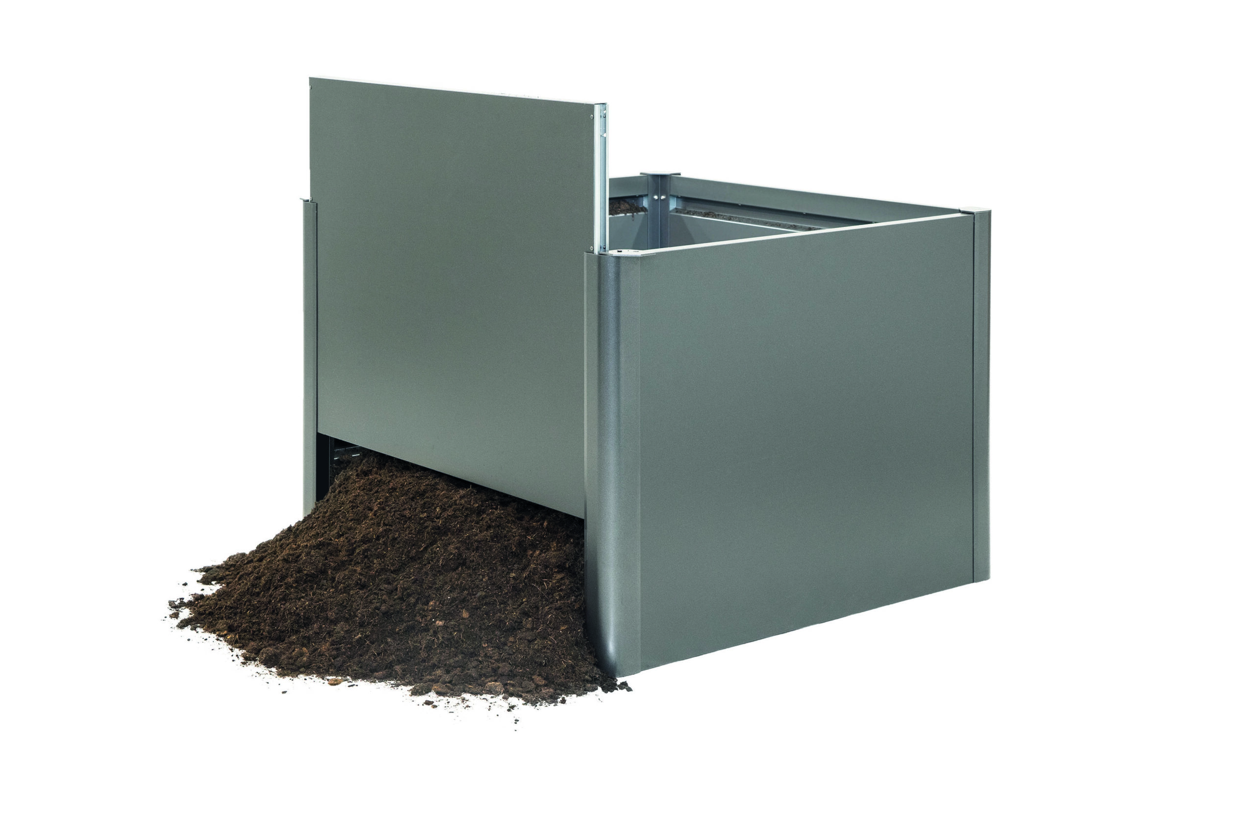 Hochbeet Entleerung mit Erde. Biohort Hochbeet in silber metallic