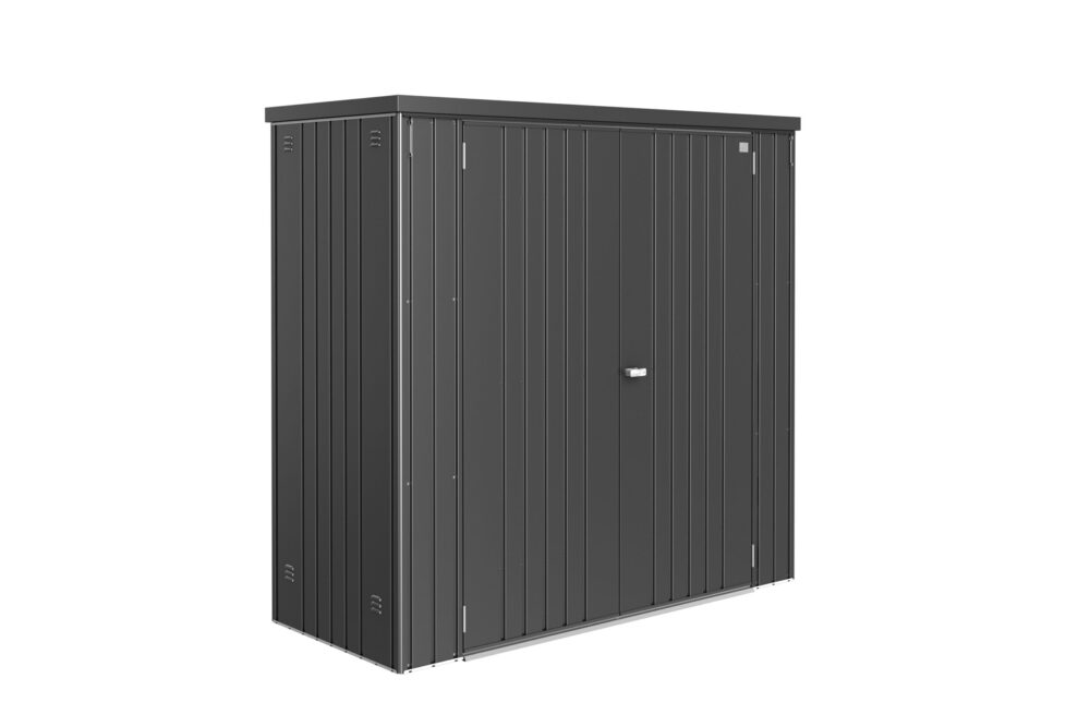 Biohort_Geraeteschrank_190_dunkelgrau_Rendering_Softub_Schweiz Breiter Biohort Geräteschrank in dunkelgrau metallic mit Doppeltür auf weissem Hintergrund
