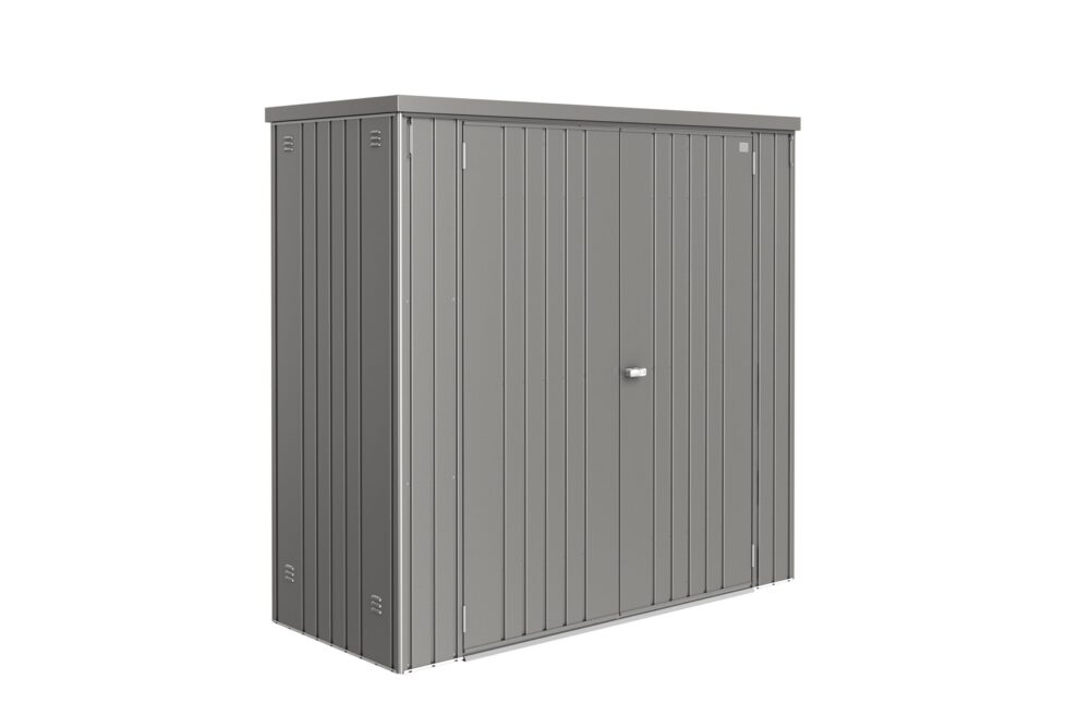 Biohort_Geraeteschrank_190_quarzgrau_Rendering_Softub_Schweiz Breiter Biohort Geräteschrank in quarzgrau metallic mit Doppeltür auf weissem Hintergrund