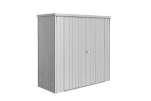 Biohort_Geraeteschrank_190_silber_Rendering_Softub_Schweiz Breiter Biohort Geräteschrank in silber metallic mit Doppeltür auf weissem Hintergrund