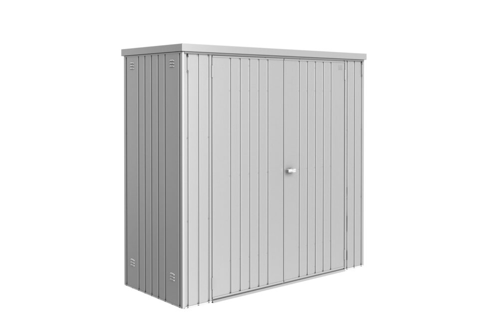 Biohort_Geraeteschrank_190_silber_Rendering_Softub_Schweiz Breiter Biohort Geräteschrank in silber metallic mit Doppeltür auf weissem Hintergrund