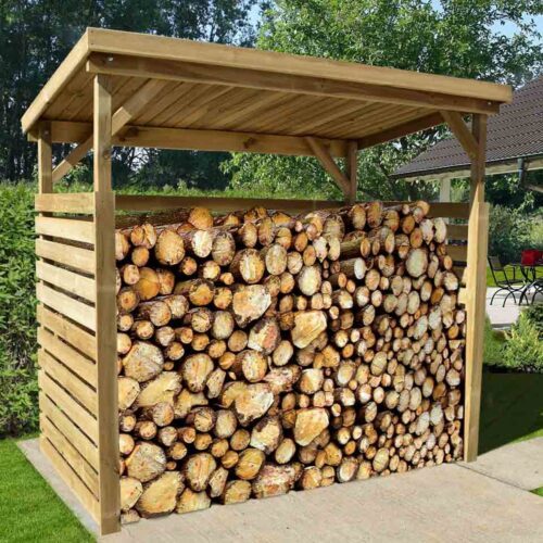 Extra Large Firewood Stock stacked with wood. Has a small flat roof that covers the wood and keeps it dry.