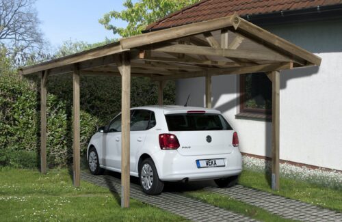 Solid wood roof carport made of wood in a garden with a white, parked vehicle underneath