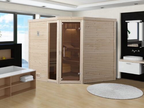 The Cubilis sauna stands in a big bathroom next to a sink. The sauna has an all-glass window and all-glass door to enter it.