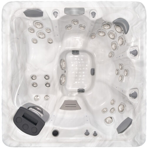 Vogelperspektive eines Whirlpools mit weisser Wanne, vier Sitzplätzen und einer Liege.