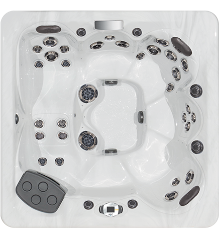 Perspective from above of the hot tub with white interior
