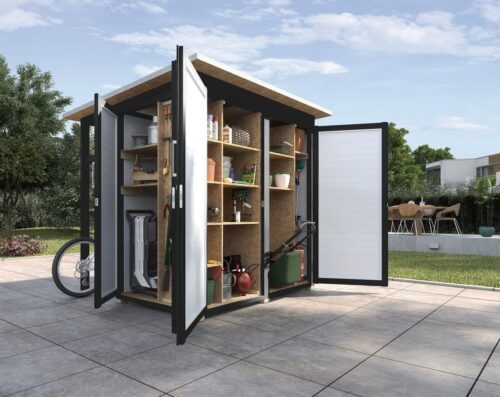 Multi cabinet from Weka with open doors in anthracite and white. The Flexible Weka Locker