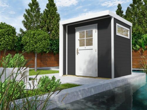 Small garden house with a white flat roof and a white door. Stands in a garden in front of a pool.