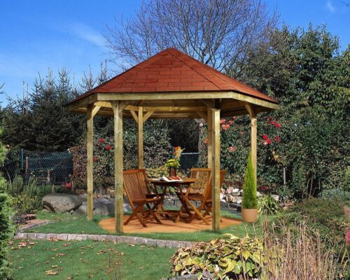 a pavilion with a red roof and six posts. The pavilion stands in a garden and underneath it a few chairs and a table.