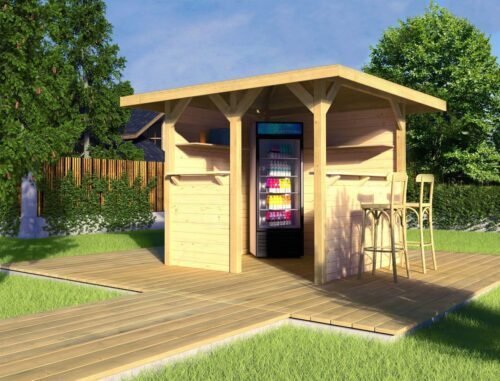 A gazebo with a flat roof, two bar stools and on each side surfaces standing in a garden with a wooden floor
