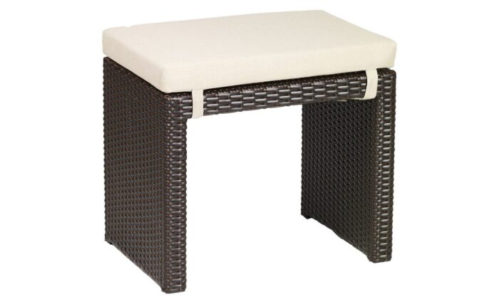 Stool with corners made out of polyrattan in a dark colours with a white cushion.