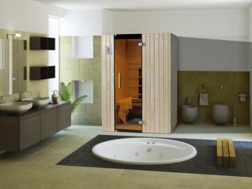 The Tanilla Infrared Cabin with an all-glass door and wooden elements in a bathroom.