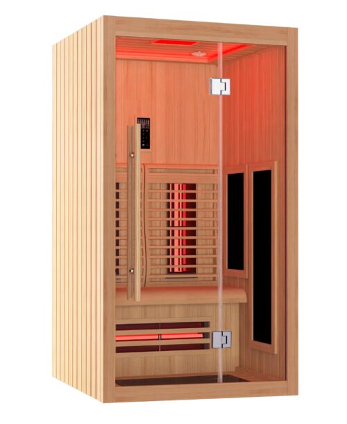 Bright infrared cabin with two comfortable wooden benches, all-glass door and red, indirect LED lighting. Softub Switzerland.