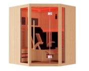 Eckige, helle aus Holz gebaute Infrarotkabine mit Ganzglasstüre. Der Innenraum ist rot beleuchtet.