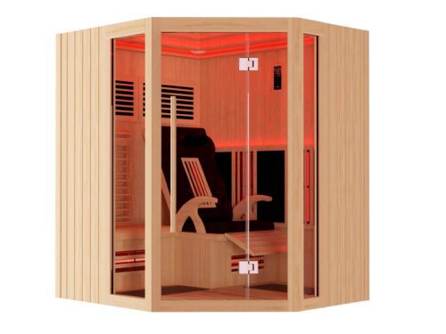 Square, light-coloured infrared cabin made of wood with whole front door. The interior is illuminated with red lights.