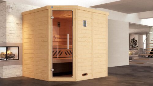 The Kemi Corner Sauna with corner entry and all glass door. Made of natural wood, the sauna stands in a large room with a dark wooden floor.