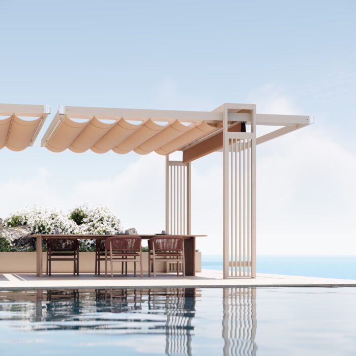 Der Unosider Pavillon Mood Balance. Pavillon mit verschiebbarem hellen Dach vor einem Pool mit Gartenlounge.