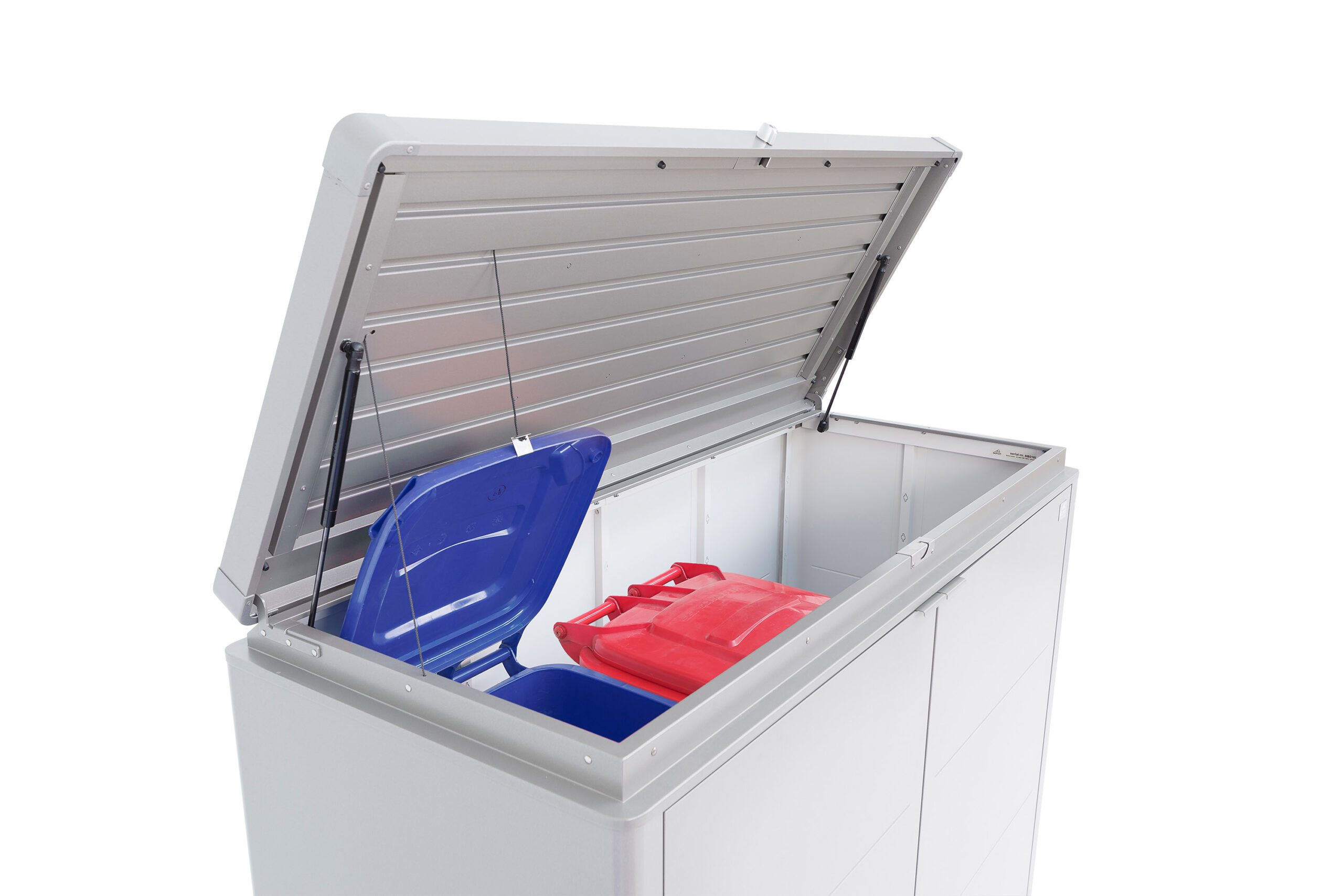 Muelltonnen_Deckeloeffner_HighBoard_Detail Silberne geöffnete Gartenbox mit Deckelöffner und ein blauer sowie roter Container