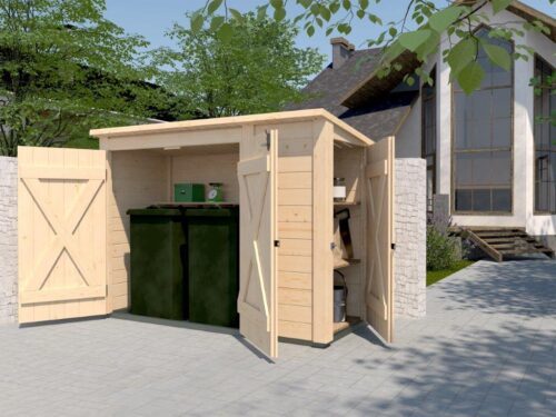Eine grosse helle Box aus Holz mit zwei Mülltonnen drinnen. Die grosse Doppeltür vorne steht offen und die kleine Einzeltüre auf der rechten Seite auch. Die Box steht auf einem grossen Haus.