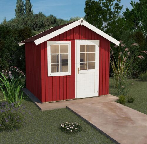 Abgebildet ist ein rotes Schwedenthaus mit einer weissen Tür mit Fenster und weissem Fenster und dunklem Satteldach. Das Weka Schwedenhaus