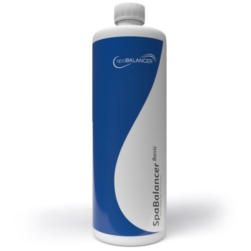 SpaBalancer Basic. White, one litre container with a blue lable