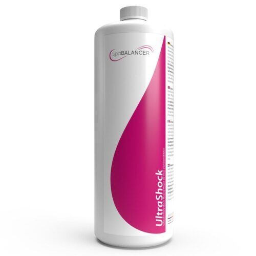 SpaBalancer UltraShock. White bottle with pink label.