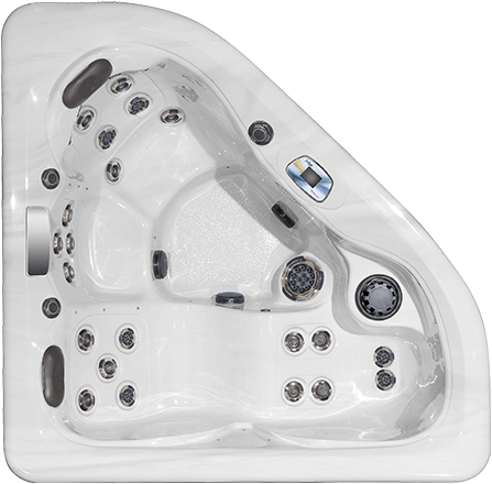 Perspective from above corner whirlpools from the twilight series masterspa with three different seating possibilities in a white tub.