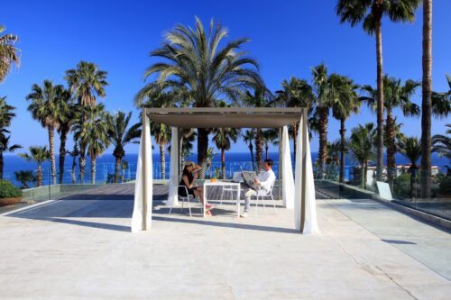 The Mood Pavilion with white curtains surrounded by palm trees