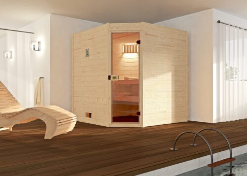 Weka Sauna Valida mit Corner Entry. Softub Switzerland. Sauna from Weka. Solid wood sauna.