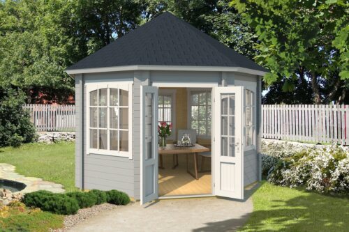 The comfortable Weka Gazebo. Grey Weka Pavilion with a black, pointed roof and white window shutters and a white double door with real glazing.