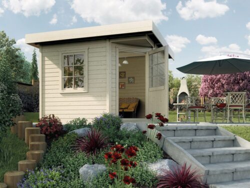 A five square natural garden shed with open single door and windows. The garden house stands on a raised area in a beautiful garden.