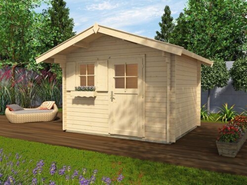 Ein naturbelassenes Gartenhaus mit Satteldach, Einzeltür mit Fesnter Element und Fenster. Das Gartenhaus steht auf einem Holz belegenen Boden.