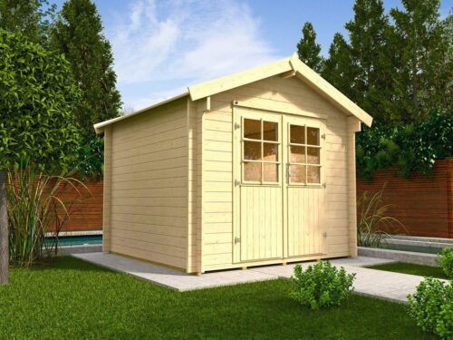 Garden House with double door and saddle roof. Stands on a stony surface in a garden.