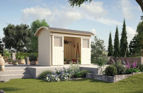 Gartenhaus mit rundem Dach in naturbelassener Farbe und offen stehender Tür. Das Gartenhaus steht auf einer grossen Stein Mauer in einem eleganten Garten.