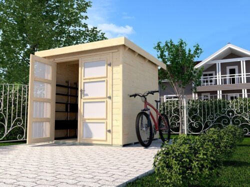 In front of a large house is a garden shed with a flat roof and double doors. Next to the garden house is a bicycle.